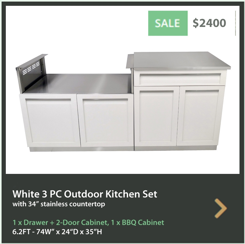 2400 4 Life Outdoor Product Image 3 PC Set White Stainless Steel Cabinets 1xDrawer Plus 2-Door Cabinet 1x40Inch BBQ Cabinet 1x34 Top