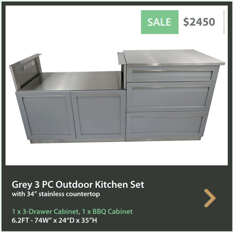 2450 4 Life Outdoor Product Image 3 PC Set Gray Stainless Steel Cabinets 1x3-Drawer Cabinet 1xBBQ Cabinet 34 Inch Stainless Countertop