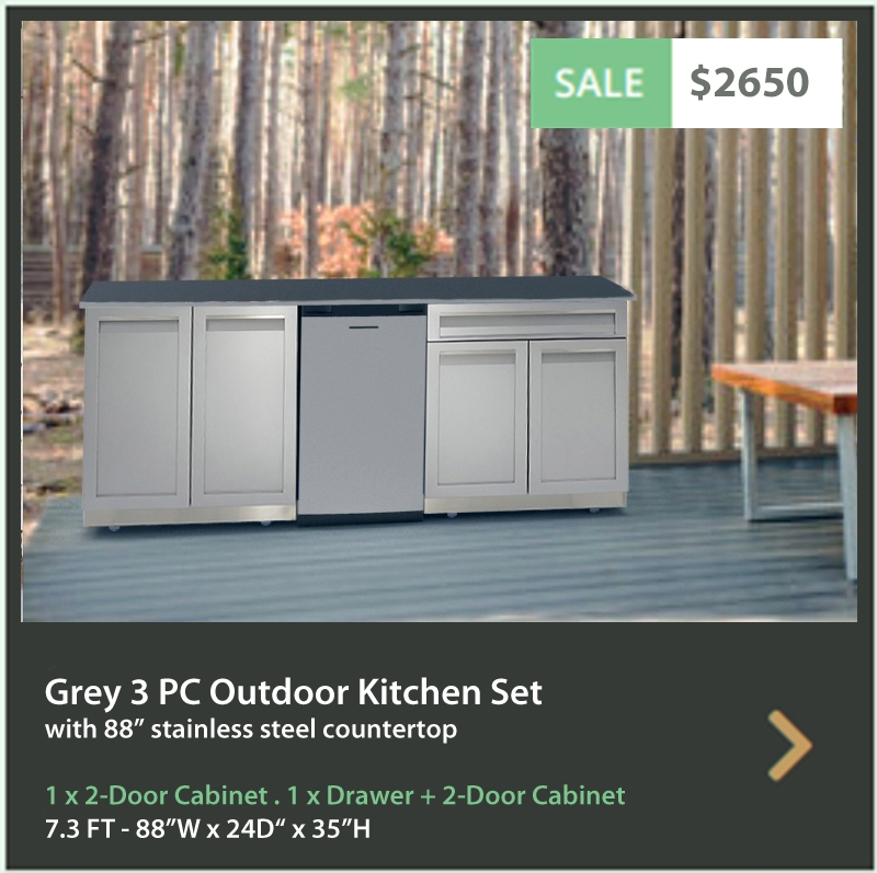 2650 4 Life Outdoor Product Image 3 PC Set Gray Stainless Steel Cabinets 1x2-Door Cabinet 1xDrawer Plus 2-Door Cabinet 1x88 Inch Stainless Countertop