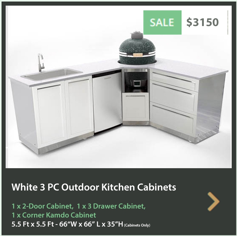 3150 4 Life Outdoor Product Image 3 PC Outdoor kitchen White 1x2 door 1xKamado Cabinet 1x3-Drawer Cabinet