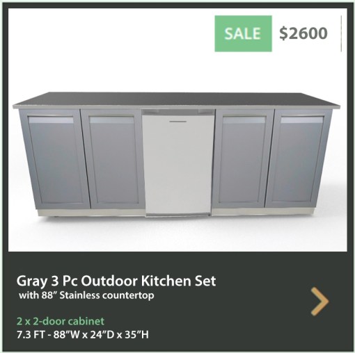 2600 4 Life Outdoor Product Image 3 PC Set Gray Stainless Steel Cabinets 2x2-Door Cabinet 1x88 Inch Stainless Countertop