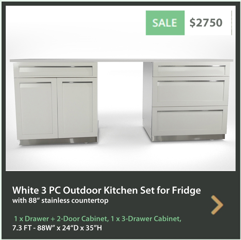 2750 4 Life Outdoor Product Image 3 PC set White stainless steel cabinets 1 x Drawer + 2 door 1 x 3 Drawer cabinet 1 x 88 inch stainless countertop
