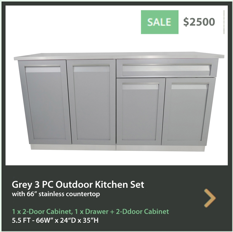 2500 4 Life Outdoor Product Image 3 PC Set Gray Stainless Steel Cabinets 1x2-Door Cabinet 1xDrawer Plus 2-Door Cabinet 1x66 Inch Stainless Countertop