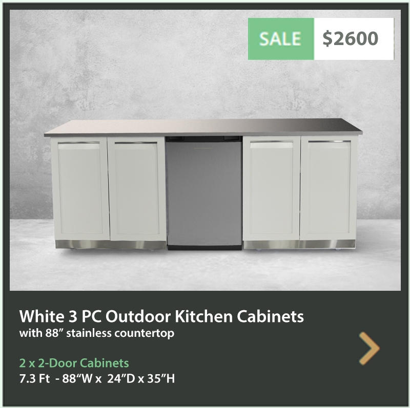 2600 4 Life Outdoor Product Image 3 PC Set White Stainless Steel Cabinets 2x2-Door Cabinet 1x88 Inch Stainless Countertop