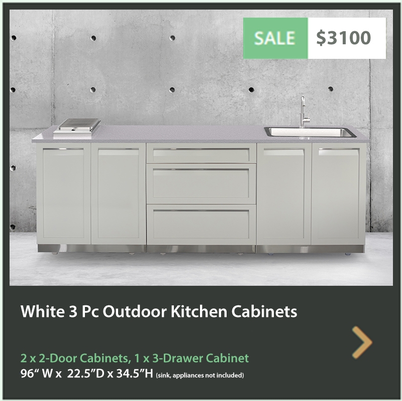 3100 4 Life Outdoor Product Image 3 PC Set White Stainless Steel Cabinets 2x2 door Cabinet, 1 x 3 Drawer Cabinet