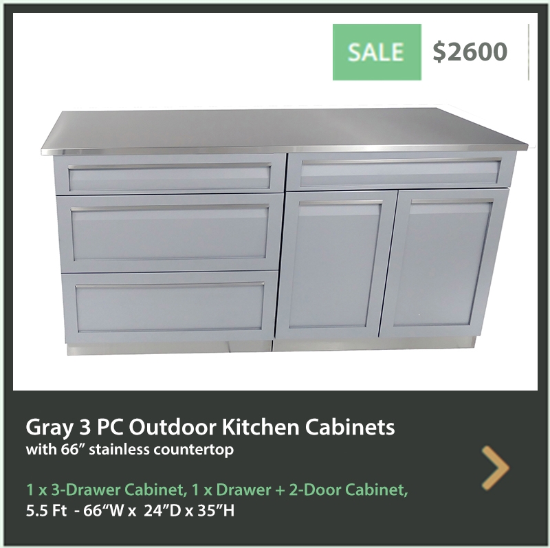 2600 4 Life Outdoor Product Image 3 PC Set Gray Stainless Steel Cabinets 1xDrawer Plus 2-Door Cabinet 1x3 Drawer 1x66 Inch Stainless Countertop