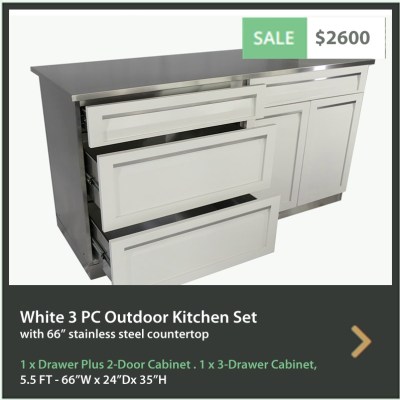 2600 4 Life Outdoor Product Image 3 PC Set White Stainless Steel Cabinets 1xDrawer Plus 2-Door Cabinet 1x3 Drawer 1x66 Inch Stainless Countertop
