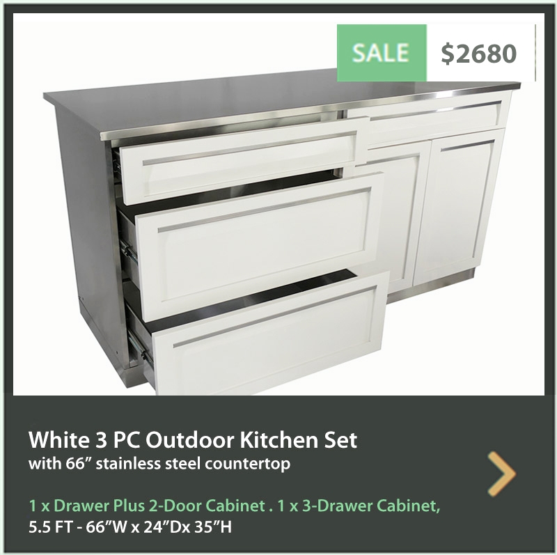 2680 4 Life Outdoor Product Image 3 PC Set White Stainless Steel Cabinets 1x3-Drawer Cabinet 1xDrawer + 2 Door Cabinet 66 Inch Stainless Countertop
