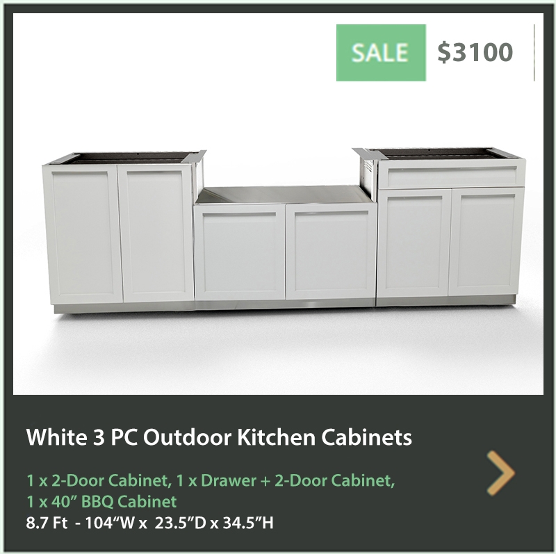 3100 4 Life Outdoor Product Image 3 PC Set White Stainless Steel Cabinets 1x2 door Cabinet, 1 x Drawer+2-door Cabinet, 1xBBQ Cabinet