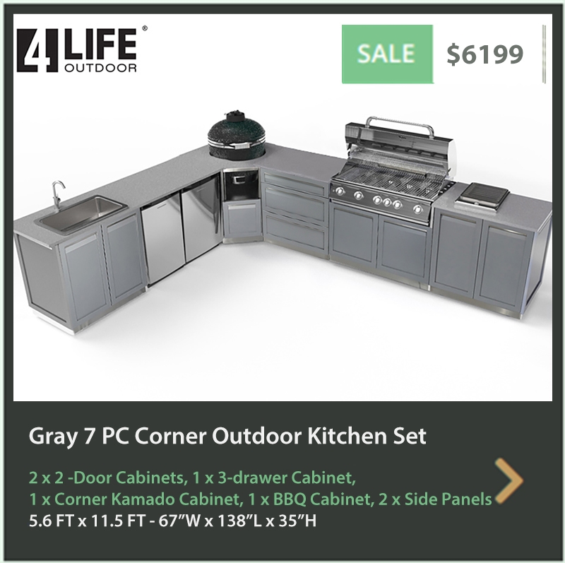 6199 4 Life Outdoor Product Image 7 PC Outdoor kitchen Gray 2x2 door 1x 3-drawer Cabinet 1xBBQ 1xcorner Kamado cabinet 2 x side panels