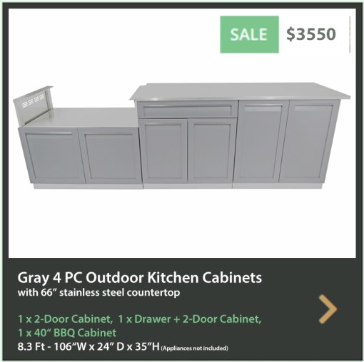 3550 4 Life Outdoor Product Image 4 PC Outdoor kitchen Gray 1 x 2 door1 x Drawer Plus 2-door 1 x BBQ 1 x 66 inch stainless countertop