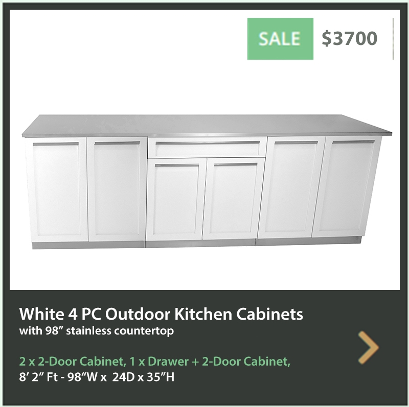 3700 4 Life Outdoor Product Image 4PC White Outdoor kitchen 2x2 door 1xdrawer+2door 1x 98 inch stainless countertop