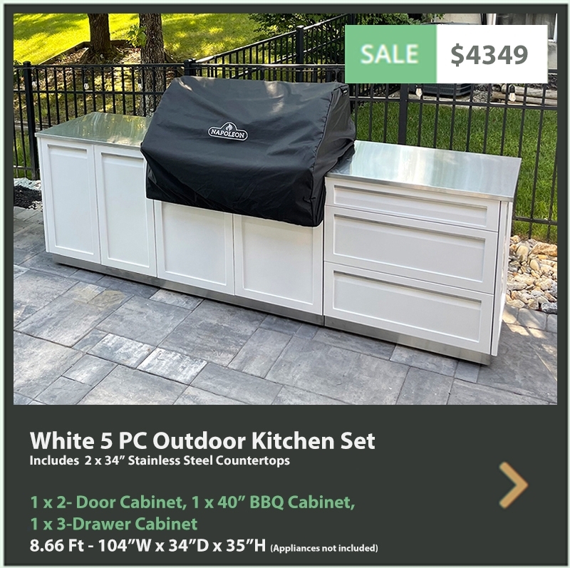 4349 4 Life Outdoor Product Image White 5 PC Outdoor kitchen 1 x 2 door 1 x BBQ 1 x 3 drawer 2 x 34 stainless countertops 2021