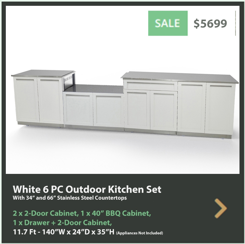 5699 4 Life Outdoor Product Image 6 PC Outdoor kitchen White 2 x 2 door Drawer plus 2 door BBQ 34 66 inch stainless countertops