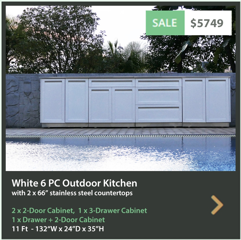 5749 4 Life Outdoor Product Image 6 PC Outdoor Kitchen White 2x2-door Cabinet 1xDrawer Plus 2-door 1x3 Drawer Cabinet 2x66 Inch Stainless Countertops