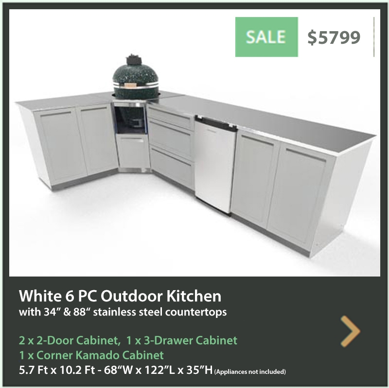 5799 4 Life Outdoor Product Image 6 PC Outdoor kitchen White 2x2-Door Cabinet 1x3-Drawer 1xKamado Cabinet 34 88 Iinch Stainless Countertops