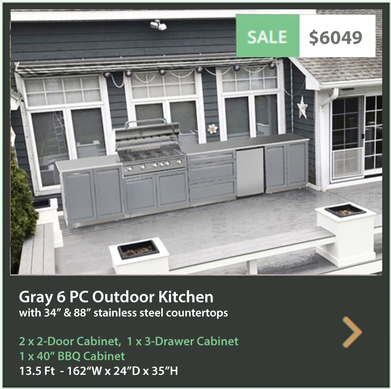 6049 4 Life Outdoor Product Image 6 PC Gray Outdoor kitchen 2 x 2-door, 1x3-Drawer 1xBBQ cabinet 1 x 34 1x88 stainless countertops