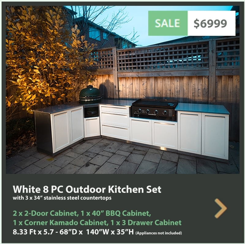 6999 4 Life Outdoor Product Image 8 PC Outdoor kitchen White 2x2-Door Cabinet 1x3-Drawer 1xKamado Cabinet 1 x 40inch BBQ Cabinet 3 x 34 Iinch Stainless Countertops