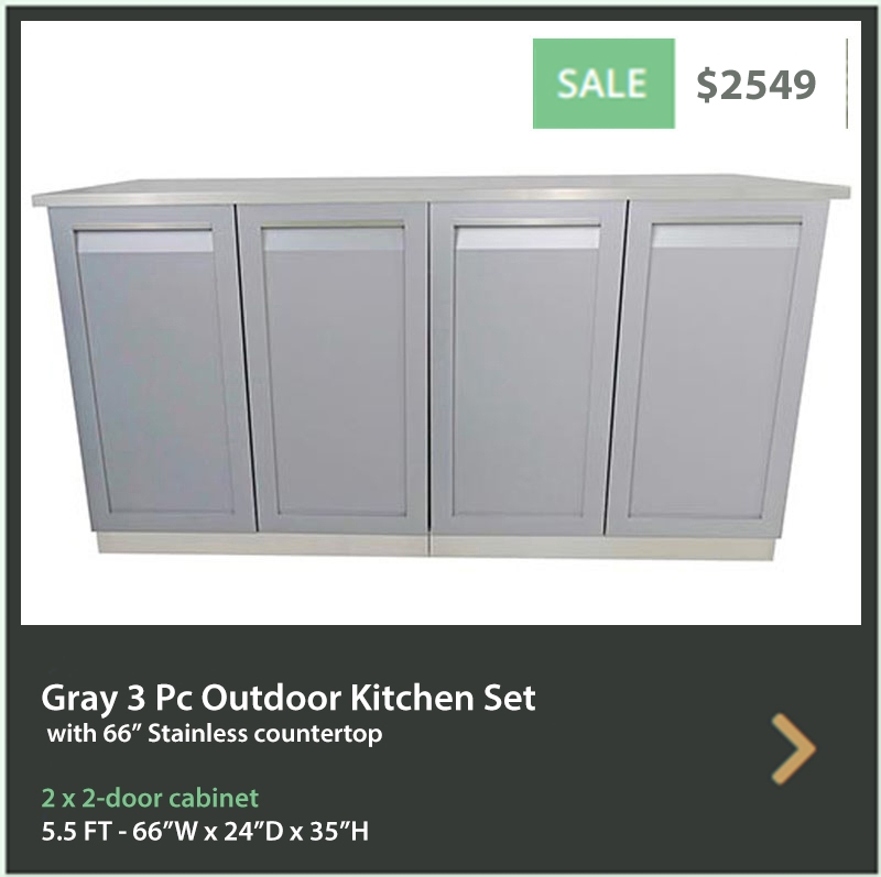 2549 4 Life Outdoor Product Image 3 PC Set Gray Stainless Steel Cabinets 2x2-Door Cabinet 1x66 Inch Stainless Countertop