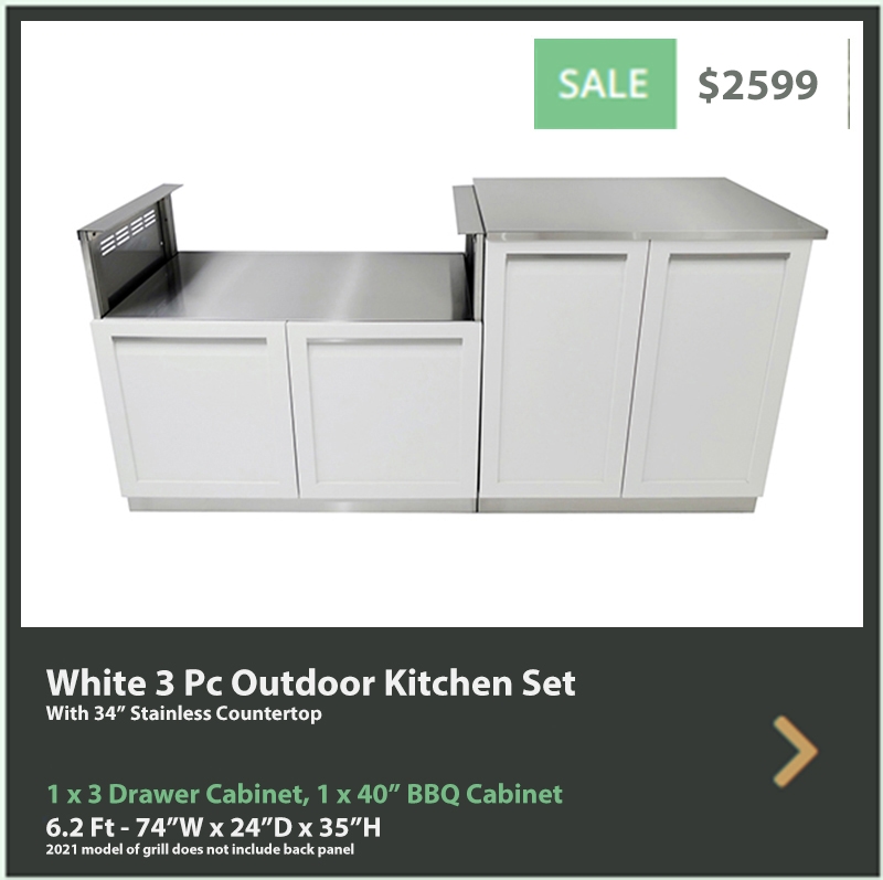 2599 4 Life Outdoor Product Image 3 PC Set white Stainless Steel Cabinets 1x2-Door Cabinet 1x40Inch BBQ Cabinet 1x 34 top 2021 model