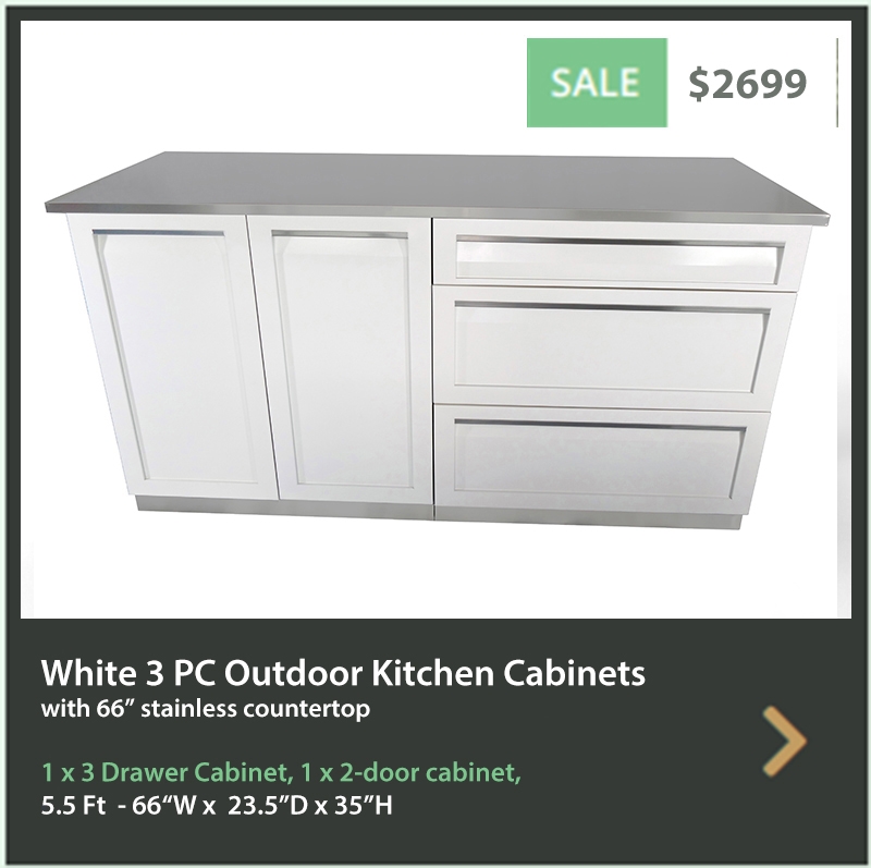 2699 4 Life Outdoor Product Image 3 PC Set White Stainless Steel Cabinets 1x3-Drawer Cabinet 1x2 Door Cabinet 66 Inch Stainless Countertop