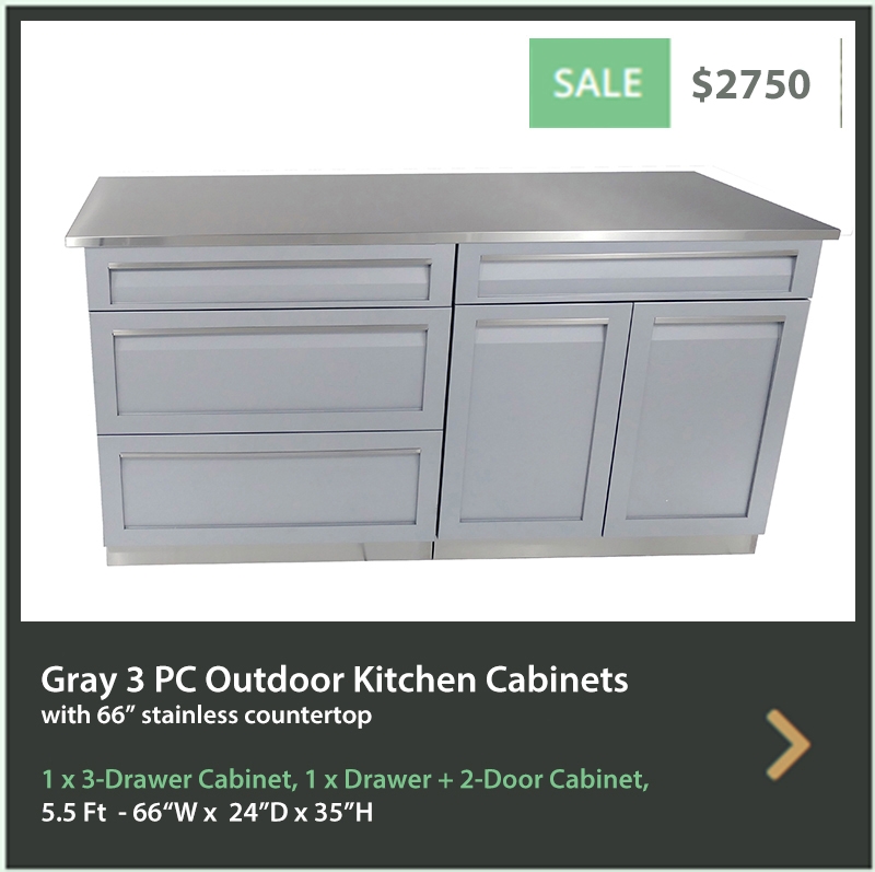2750 4 Life Outdoor Product Image 3 PC Set Gray Stainless Steel Cabinets 1x3-Drawer Cabinet 1xDrawer + 2 Door Cabinet 66 Inch Stainless Countertop