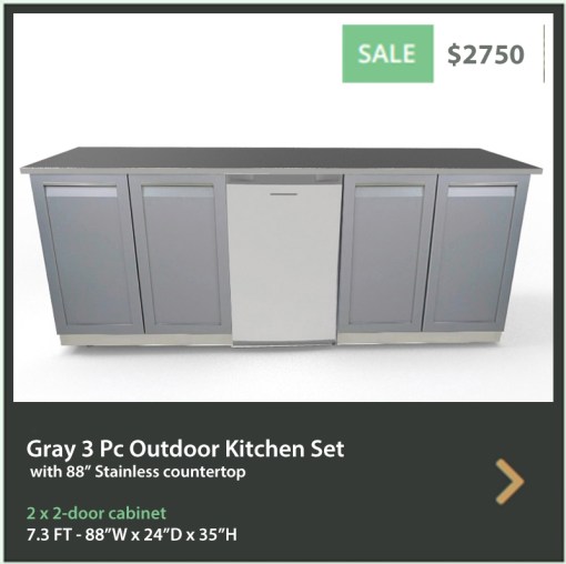 2750 4 Life Outdoor Product Image 3 PC Set Gray Stainless Steel Cabinets 2x2-Door Cabinet 1x88 Inch Stainless Countertop