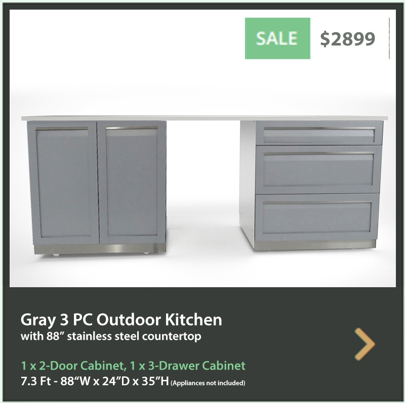 2899 4 Life Outdoor Product Image 3 PC set Gray Stainless Steel Cabinets Drawer + 2 Door 1 x 3 Drawer Cabinet 1 x 88 inch Stainless Countertop