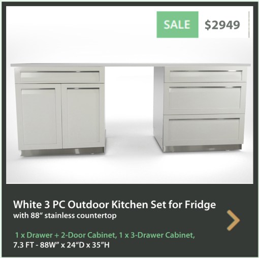 2949 4 Life Outdoor Product Image 3 PC set White stainless steel cabinets 1 x Drawer + 2 door 1 x 3 Drawer cabinet 1 x 88 inch stainless countertop