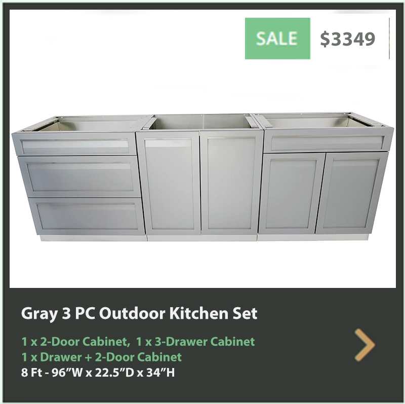 3349 4 Life Outdoor Product Image 3 PC Set Gray Stainless Steel Cabinets 1x2 door Cabinet, 1 x 3 Drawer Cabinet, 1 x Drawer 2Door