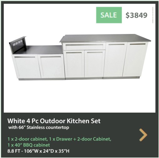 3849 4 Life Outdoor Product Image 4 PC Outdoor kitchen White 1 x 2 Door 1 x Drawer Plus 2-door 1 x BBQ 1 x 66 inch stainless countertop