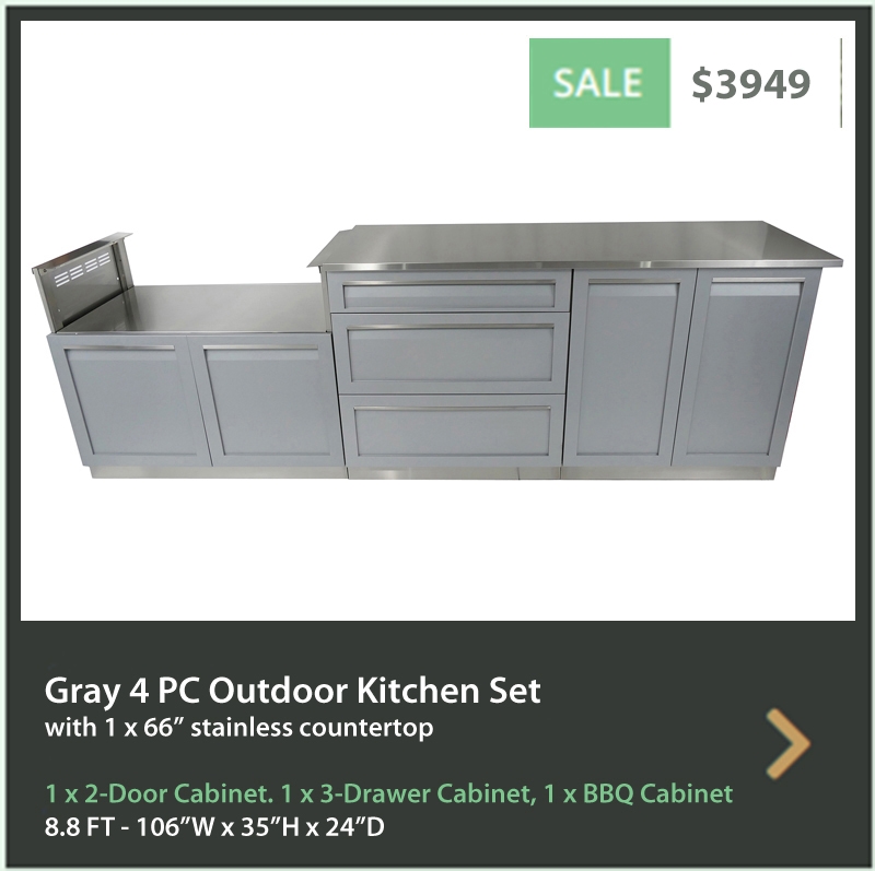 3949 4 Life Outdoor Product Image 4 PC set Gray stainless steel cabinets 1 x 2 door 1 x 3 Drawer 1 x BBQ cabinet 1 x 66 inch stainless countertop