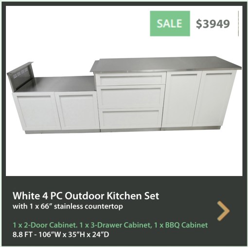 3949 4 Life Outdoor Product Image 4 PC set White stainless steel cabinets 1 x 2 door 1 x 3 Drawer 1 x BBQ cabinet 1 x 66 inch stainless countertop