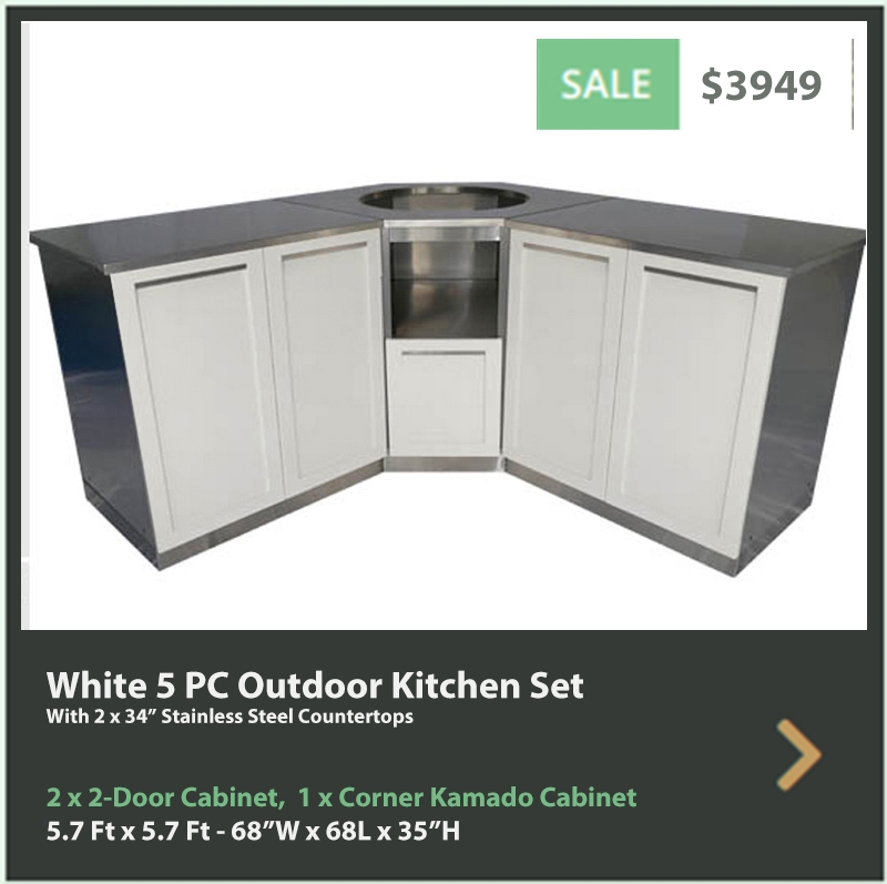 3949 4 Life Outdoor Product Image White 5 PC Outdoor kitchen 2 x 2 door Kamado 2 x 34 stainless countertops