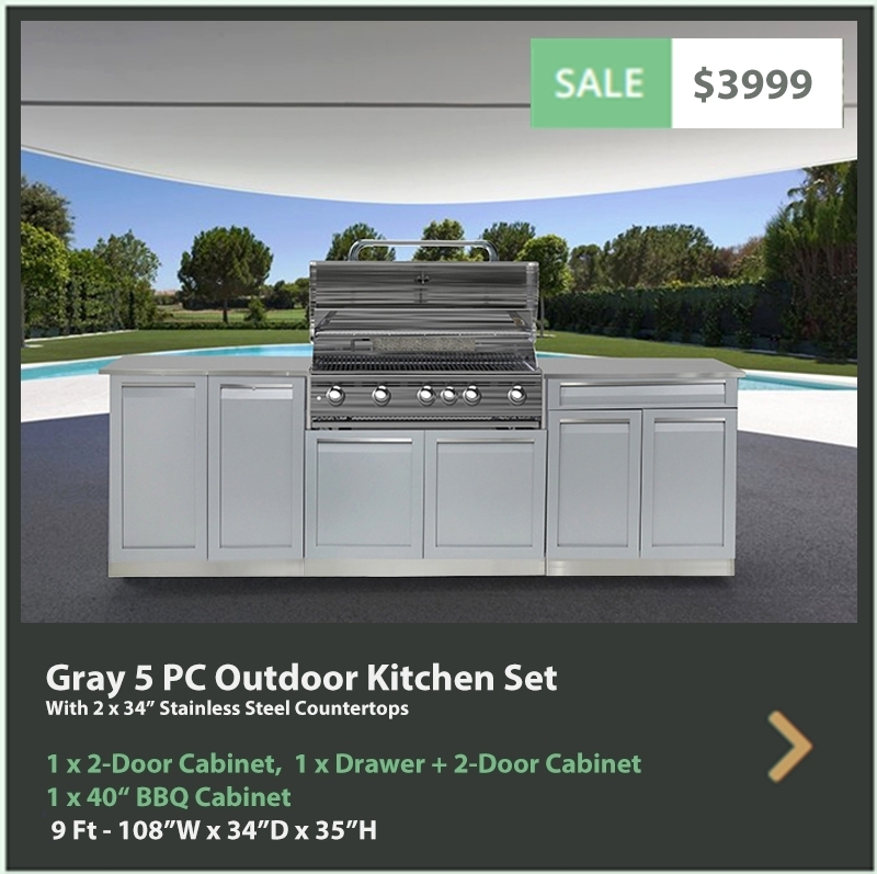 3999 4 Life Outdoor Product Image 5PC Gray Outdoor kitchen 1x2 door 1 x drawer plus 2 door 1xBBQ Cabinet 2 x 34inch top