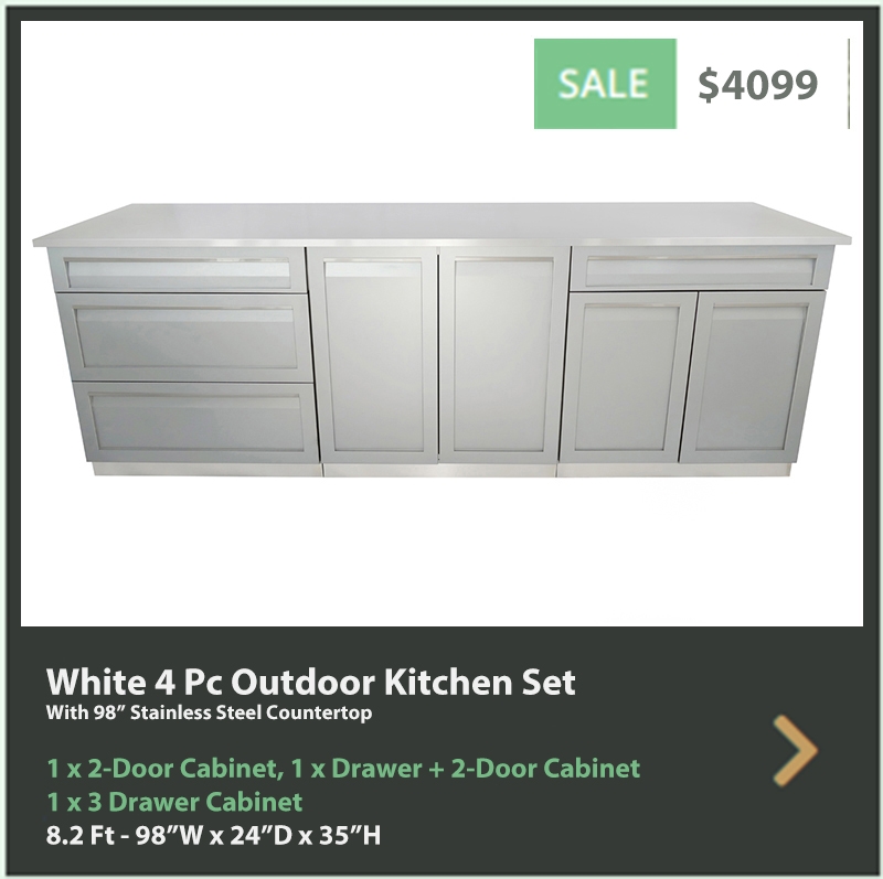 4099 4 Life Outdoor Product Image 4 PC set Gray stainless steel cabinets 1x2 door 1x Drawer plus 2 door 1x 3 drawer cabinet 98 inch stainless countertop