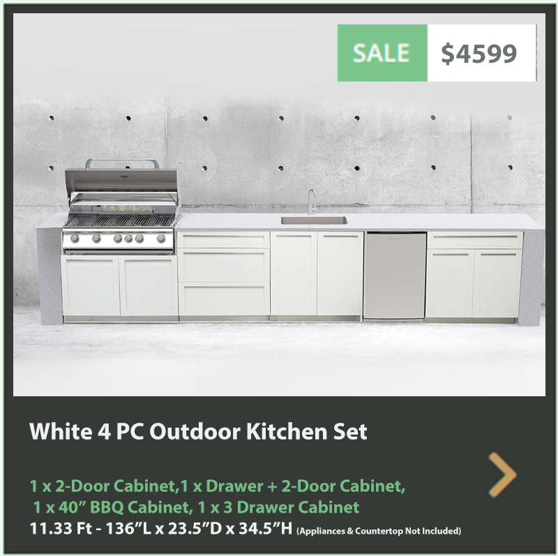 4599 4 Life Outdoor Product Image 4 PC Set White Stainless Steel Cabinets 1x2 door Cabinet, 1 x 3 Drawer Cabinet, 1 x drawer 2-door cabinet, 1x40BBQ Cabinet