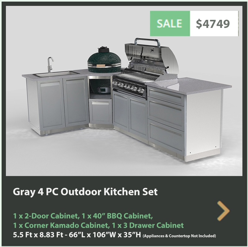 4749 4 Life Outdoor Product Image 4 PC Outdoor kitchen Gray 1x2 door 1x3drawer 1xBBQ 1xkamado cabinet