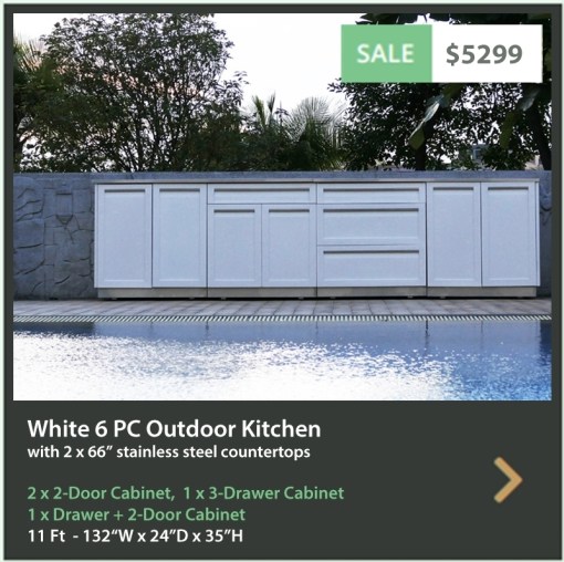 5299 4 Life Outdoor Product Image 6 PC Outdoor Kitchen White 2x2-door Cabinet 1xDrawer Plus 2-door 1x3 Drawer Cabinet 2x66 Inch Stainless Countertops
