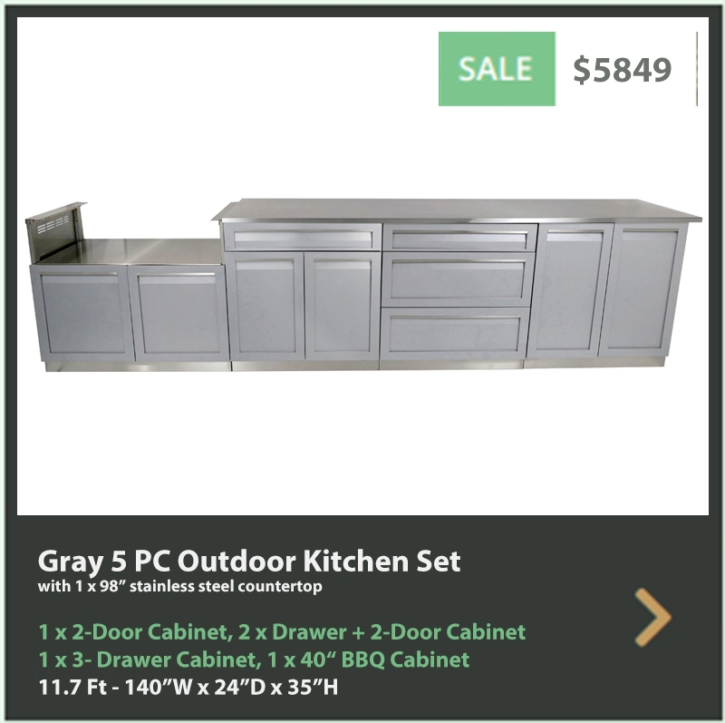 5849 4 Life Outdoor 5 PC set Gray stainless steel cabinets 2 door cabinet Drawer + 2 door cabinet 3 drawer cabinet BBQ cabinet 98 inch stainless countertop
