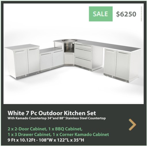 6250 4 Life Outdoor Product Image 7 PC Outdoor kitchen White 2x2 door cabinet 3 Drawer Kamado Corner BBQ cabinet 34 88 inch stainless countertops