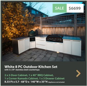 6699 4 Life Outdoor Product Image 8 PC Outdoor kitchen White 2x2-Door Cabinet 1x3-Drawer 1xKamado Cabinet 1 x 40inch BBQ Cabinet 3 x 34 Iinch Stainless Countertops