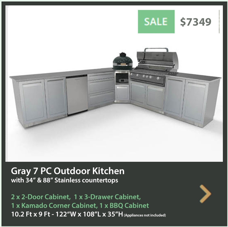 7349 4 Life Outdoor Product Image 7 PC Outdoor Kitchen Grey 2x2-Door Cabinet 1x3-Drawer 1xKamado Cabinet 1xBBQ Cabinet 34 88 Inch Stainless Countertops