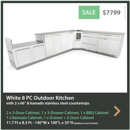 7799 4 Life Outdoor Product Image 8 PC Set White Stainless Steel Cabinets 2x2 Door Cabinet 1x3-Drawer Cabinet 1xDrawer Plus 2-Door 2x66 Inch Stainless Countertops
