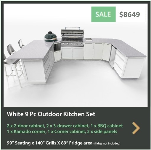 8649 4 Life Outdoor Product Image 9 PC White Outdoor kitchen 2 x 2 door 2 x 3 drawer 1 BBQ 1 Corner 1 kamado corner 2 side panels