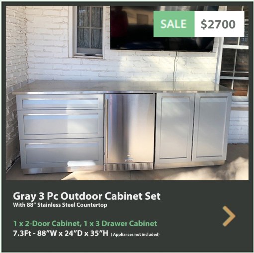 2700 4 Life Outdoor Product Image 3 PC Set Gray Stainless Steel Cabinets 1x2-Door Cabinet 1x3 Drawer Cabinet 1x88 Inch Stainless Countertop1