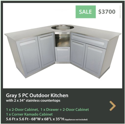 3700 4 Life Outdoor Product Image 5 PC Outdoor kitchen Gray 1x2-Door Cabinet 1xDrawer+2-Door 1xKamado Corner 2x34 Inch Stainless Countertop