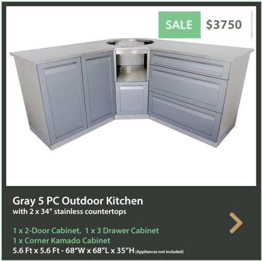 3750 4 Life Outdoor Product Image 5 PC set Gray stainless steel cabinets 1 x 2 door 1 x 3 drawer 1 x kamado cabinet 2 x 34 inch stainless countertops