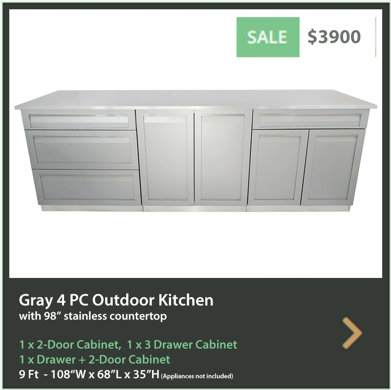 3900 4 Life Outdoor Product Image 4 PC set Gray stainless steel cabinets 1x2 door 1x Drawer plus 2 door 1x 3 drawer cabinet 98 inch stainless countertop