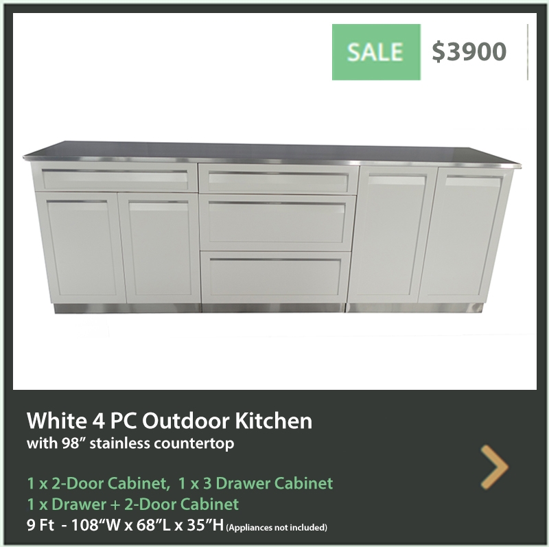 3900 4 Life Outdoor Product Image 4 PC set White stainless steel cabinets 1x2 door 1x Drawer plus 2 door 1x 3 drawer cabinet 98 inch stainless countertop